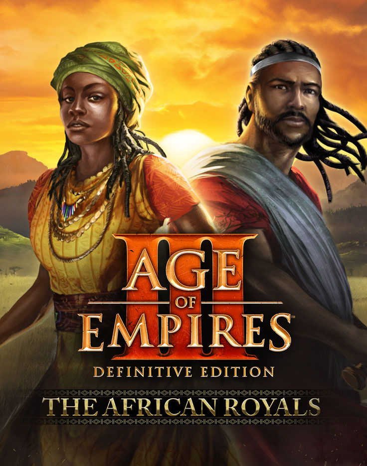 Box art for The African Royals showing African royalty with sunset background and Age II DE logo